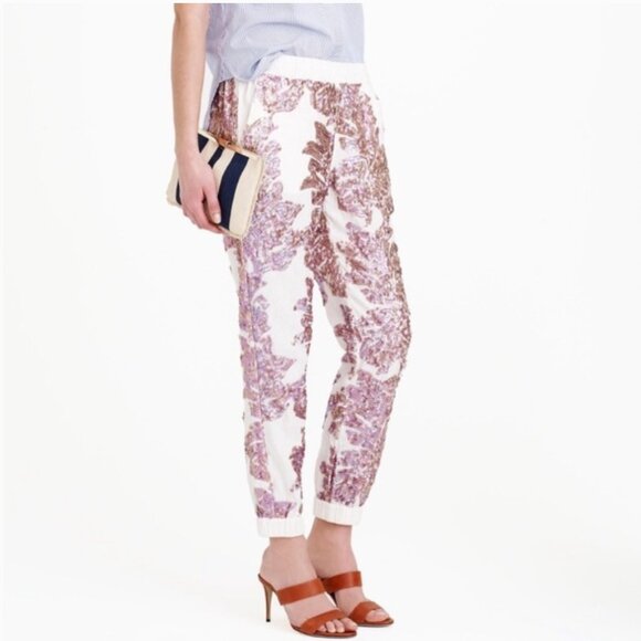 NWT J.Crew Seaside Iridescent Sequin Ivory Linen Cotton Jogger Pants - Picture 3 of 11